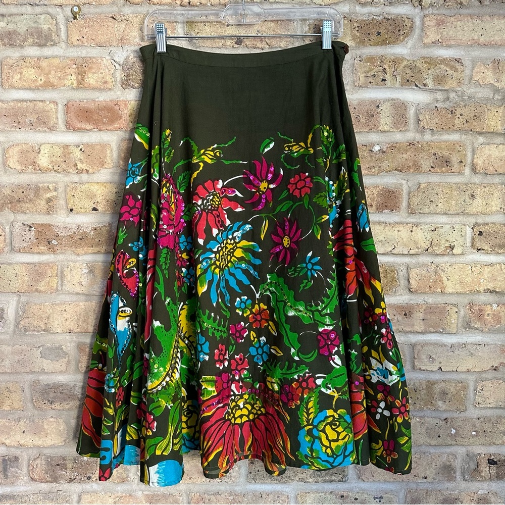 Persaman Olive Green A-line Skirt with Colorful Floral Pattern & Sequin Detail